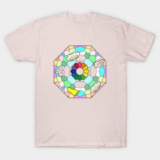 Colorful glass panel drawing with sunflower and Slluks character faces illustration T-Shirt